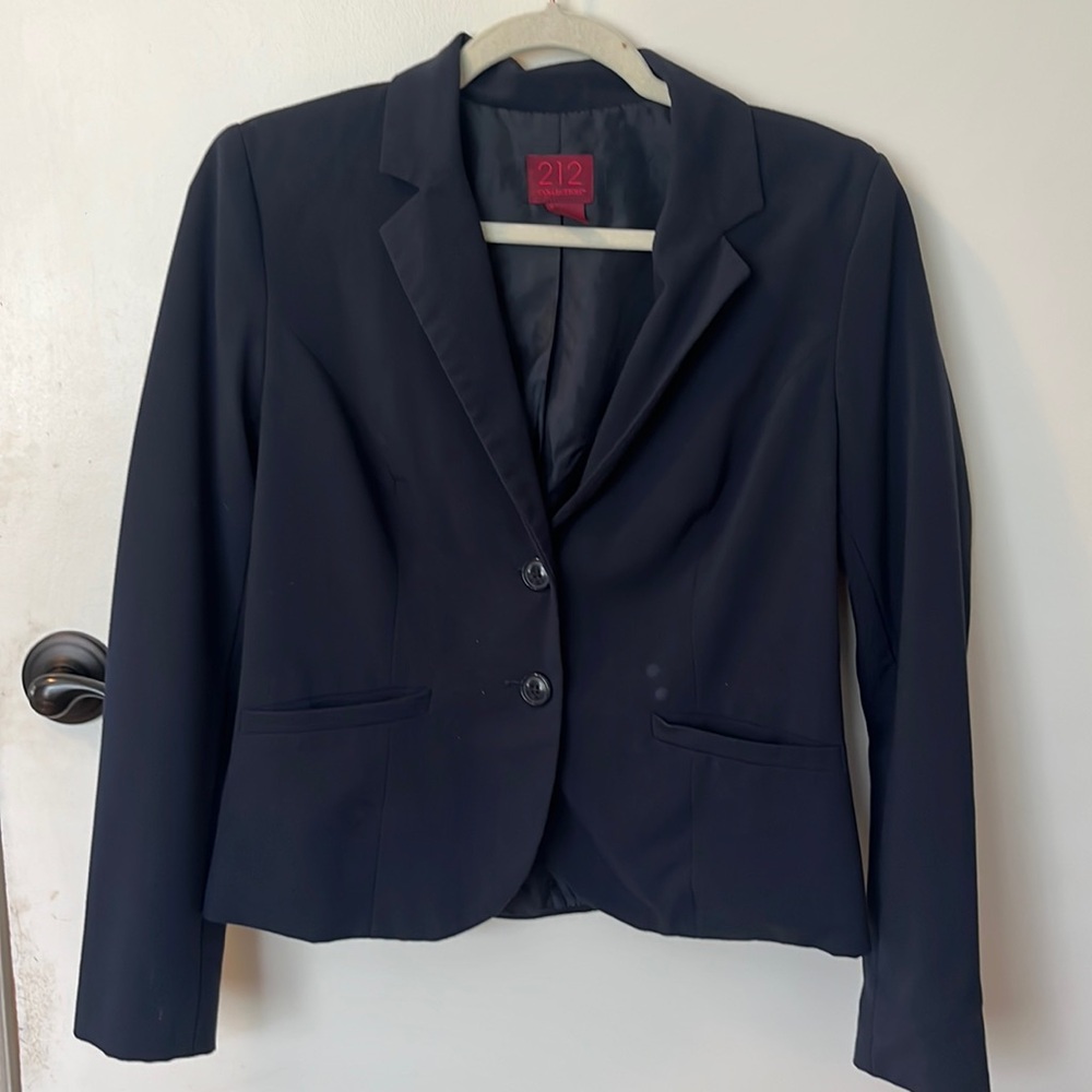 Navy blue women’s blazer, business casual wear, work wear, suit jacket, pantsuit